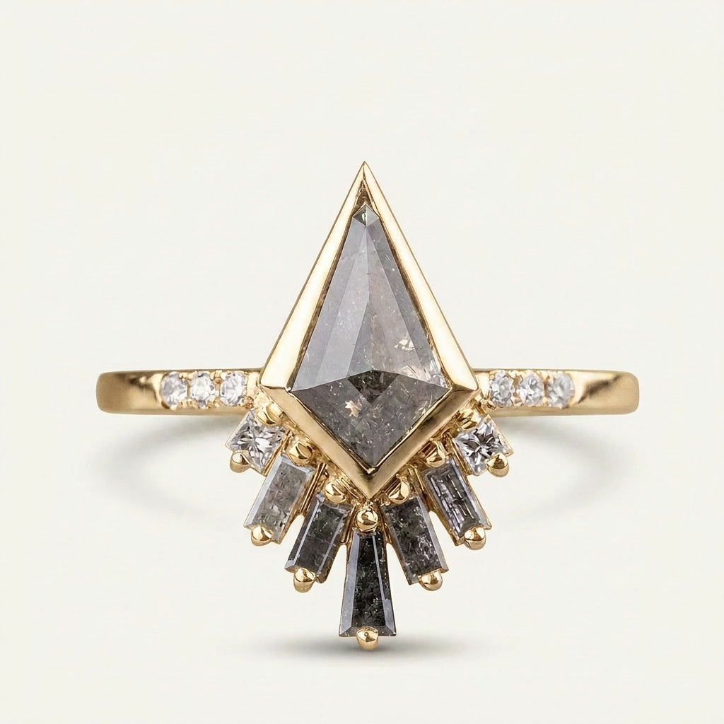 1.55 CT Kite & Round Cut Salt and Pepper Diamond Cluster Ring (V2)