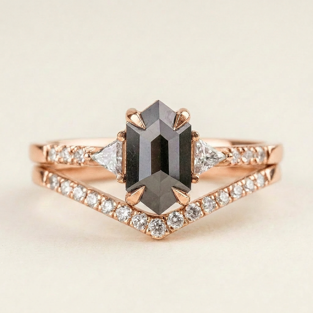 1.70 CT Hexagon & Round Cut Salt and Pepper Diamond Three Stone Ring (V1)