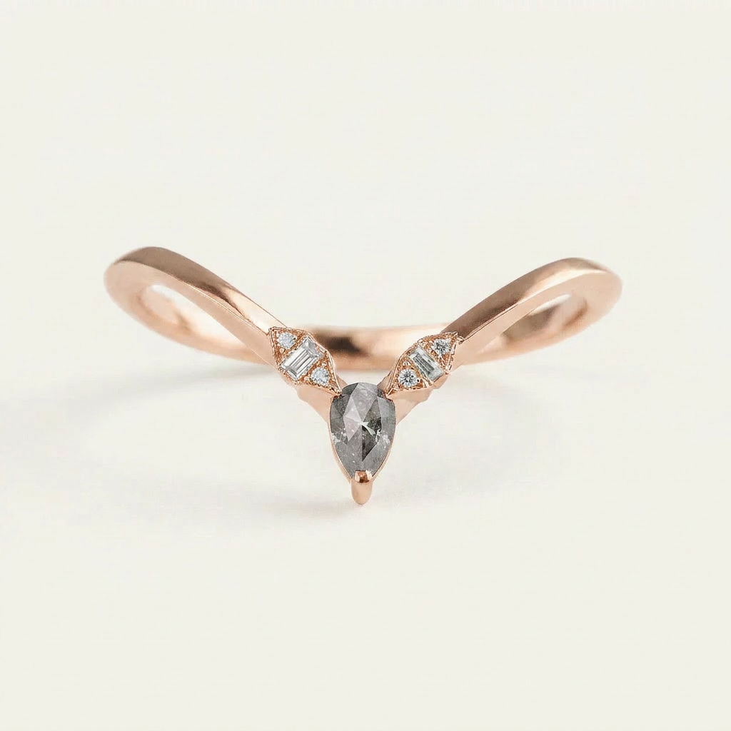0.18 CT Pear & Baguette Cut Salt and Pepper Diamond Ring