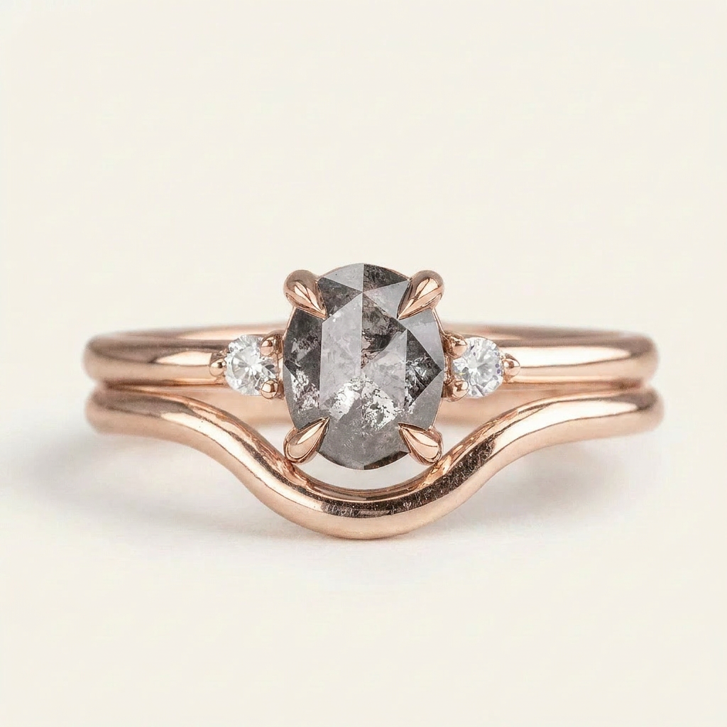 1.45 CT Oval & Round Cut Salt and Pepper Diamond Three Stone Ring