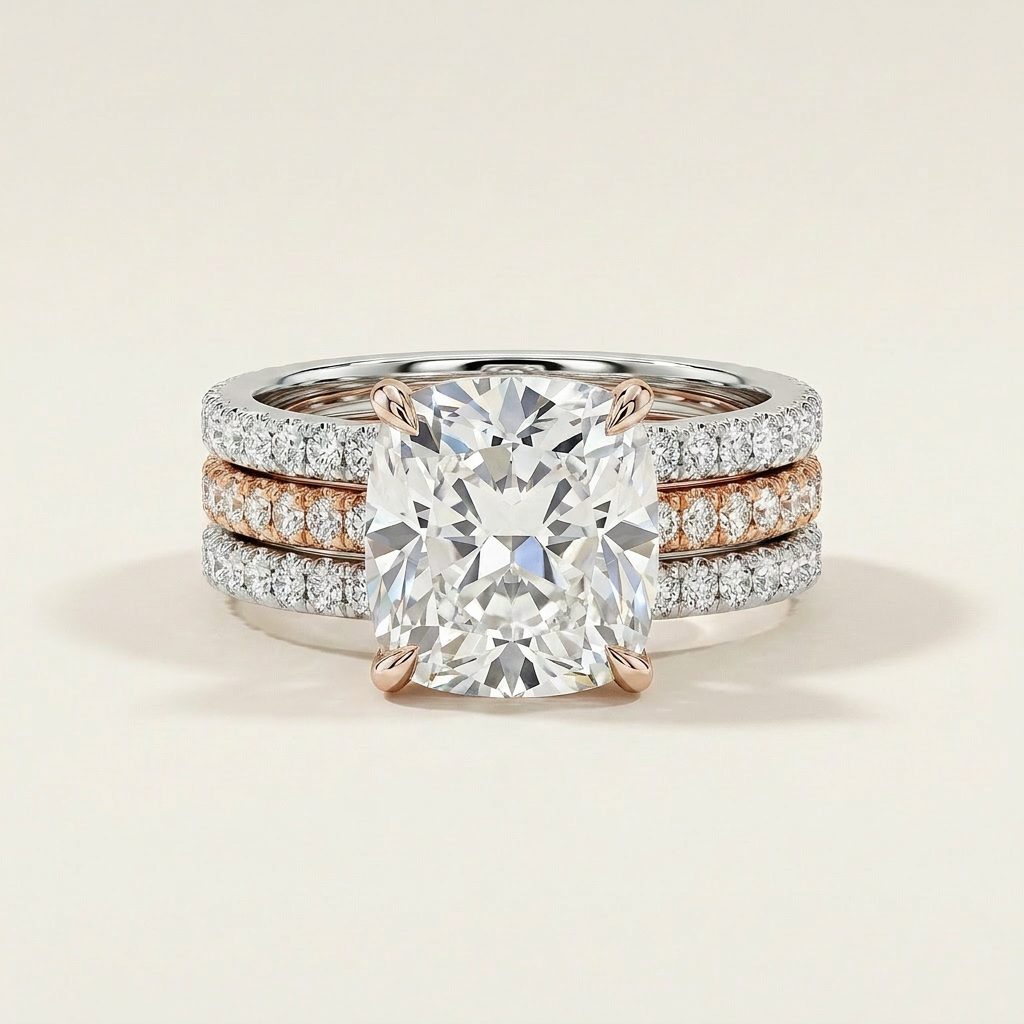 Moissanite 2.50 CT Cushion & Round Cut Diamond Solitaire Ring (V-Moisaanite)