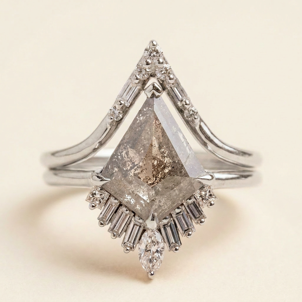 1.85 CT Kite & Princess Cut Salt and Pepper Diamond Cluster Ring