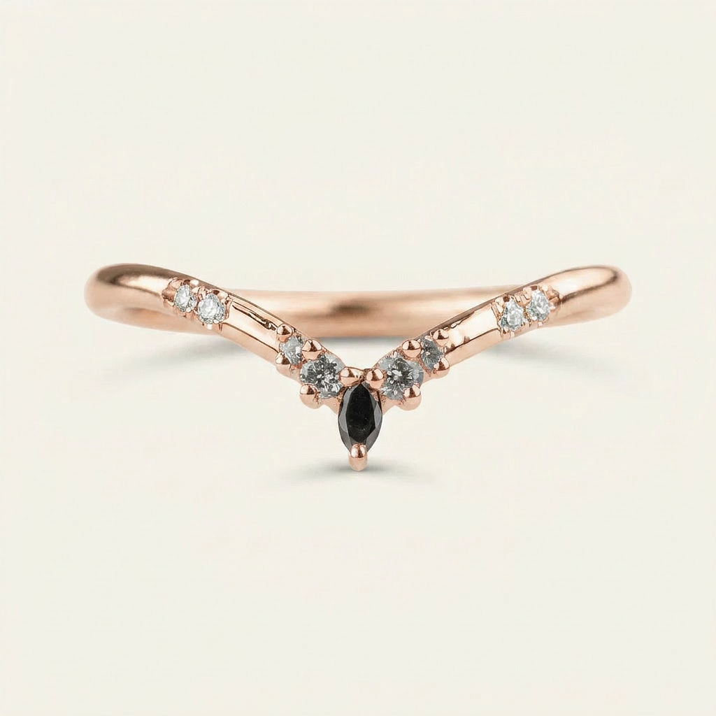 0.10 CT Marquise & Round Cut Salt and Pepper Diamond Ring