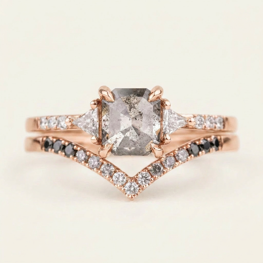 2.05 CT Asscher & Round Cut Salt and Pepper Diamond Three Stone Ring