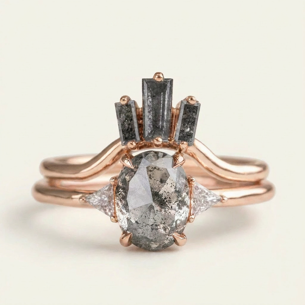 1.50 CT Oval & Triangle Cut Salt and Pepper Diamond Three Stone Ring