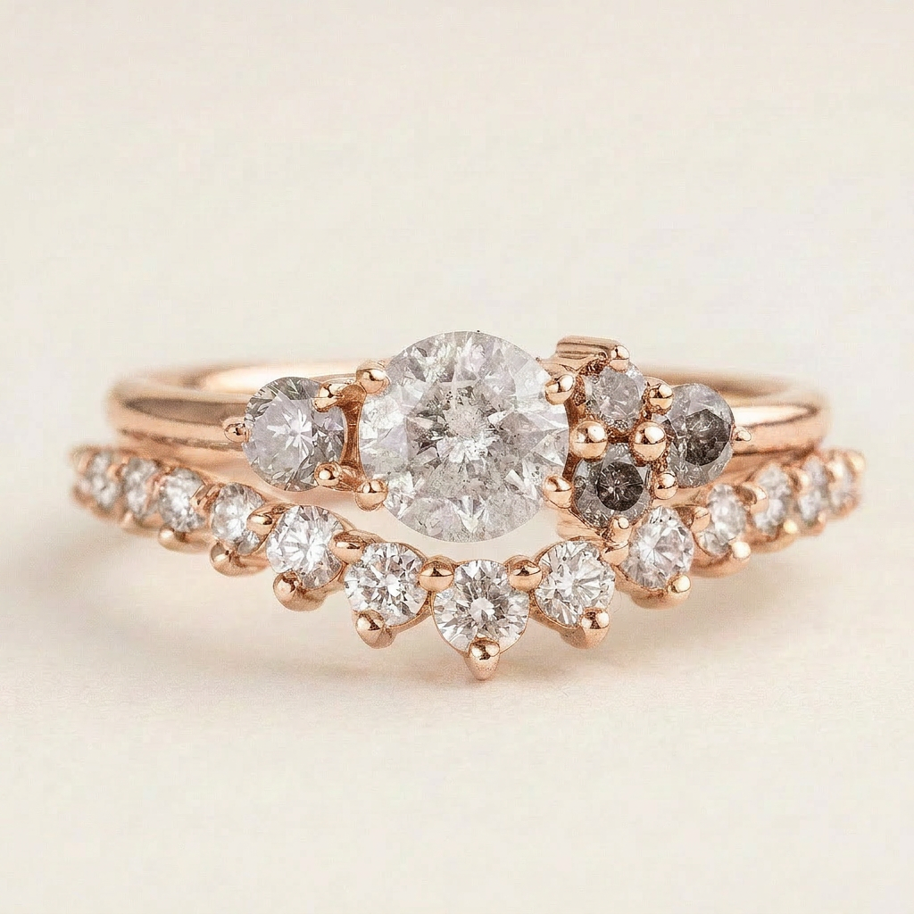 1.55 CT Round Cut Salt and Pepper Diamond Cluster Ring