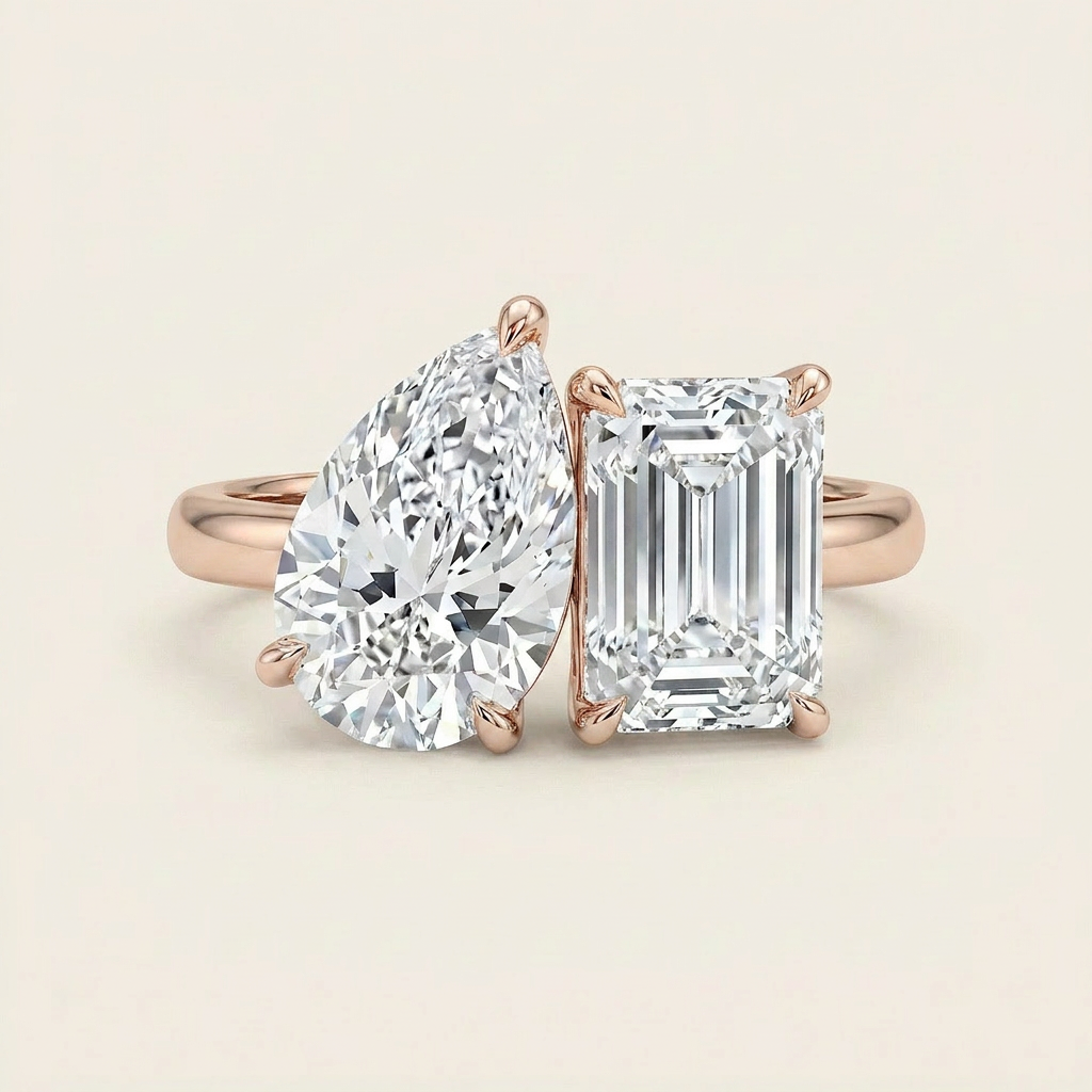 Moissanite 3.40 CT Pear & Baguette Cut Diamond Toi Et Moi Ring