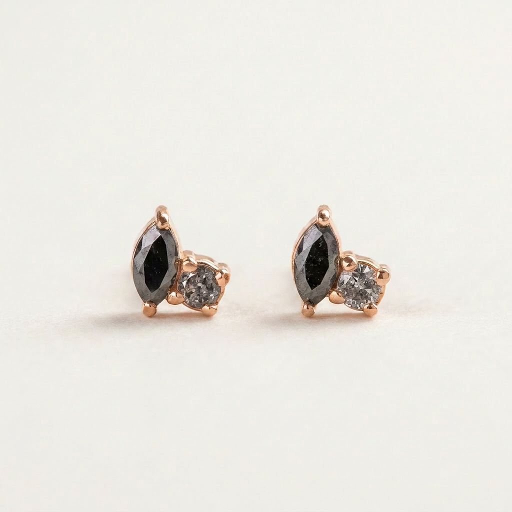 0.20 CT Marquise & Round Cut Salt and Pepper Diamond Stud Earrings