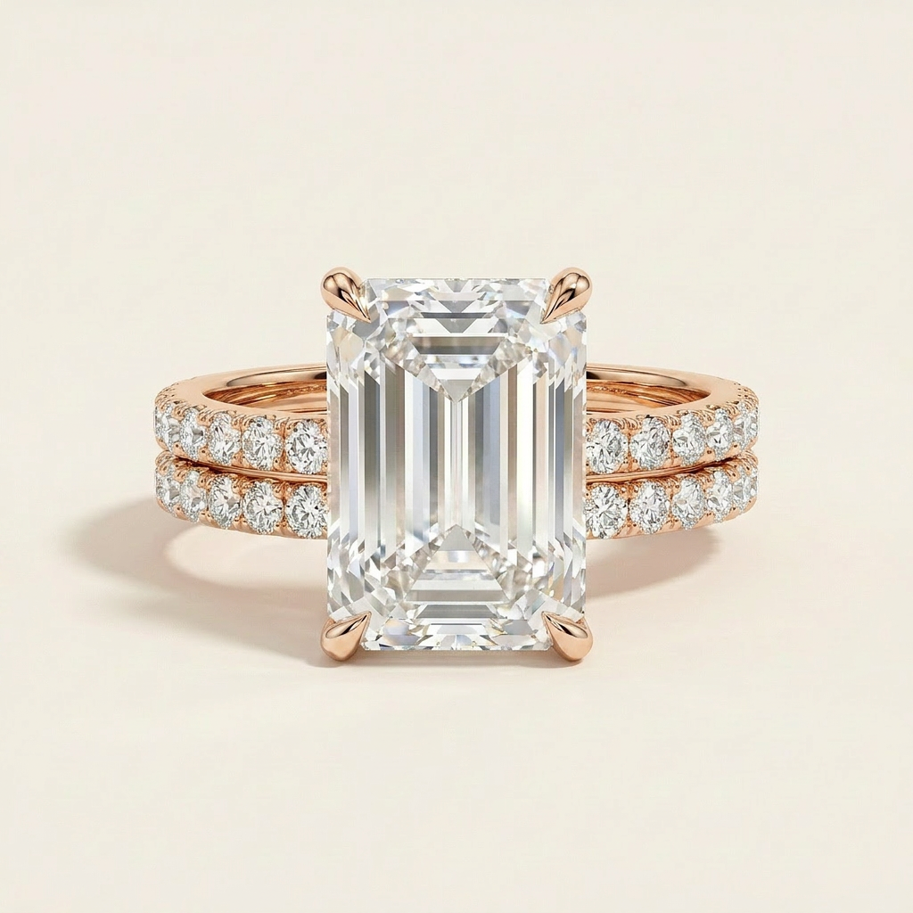 Moissanite 5.00 CT Emerald & Round Cut Diamond Solitaire Ring