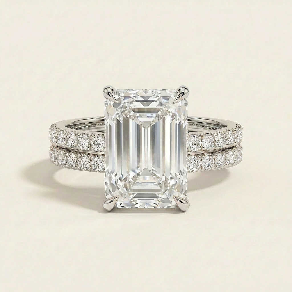 Moissanite 5.00 CT Emerald & Round Cut Diamond Solitaire Ring