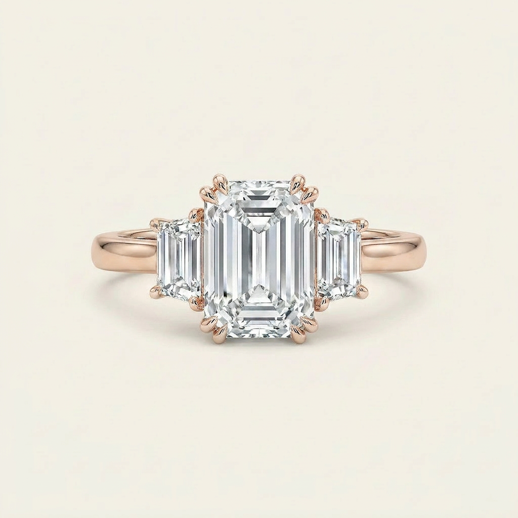 Moissanite 3.35 CT Emerald & Tapered Cut Diamond Three Stone Ring