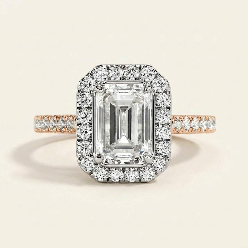 Moissanite 2.70 CT Emerald & Round Cut Diamond Halo Ring