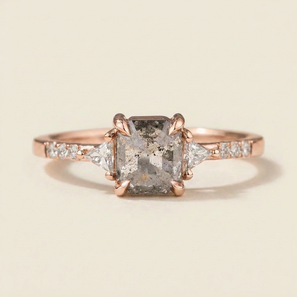 2.05 CT Asscher & Round Cut Salt and Pepper Diamond Three Stone Ring