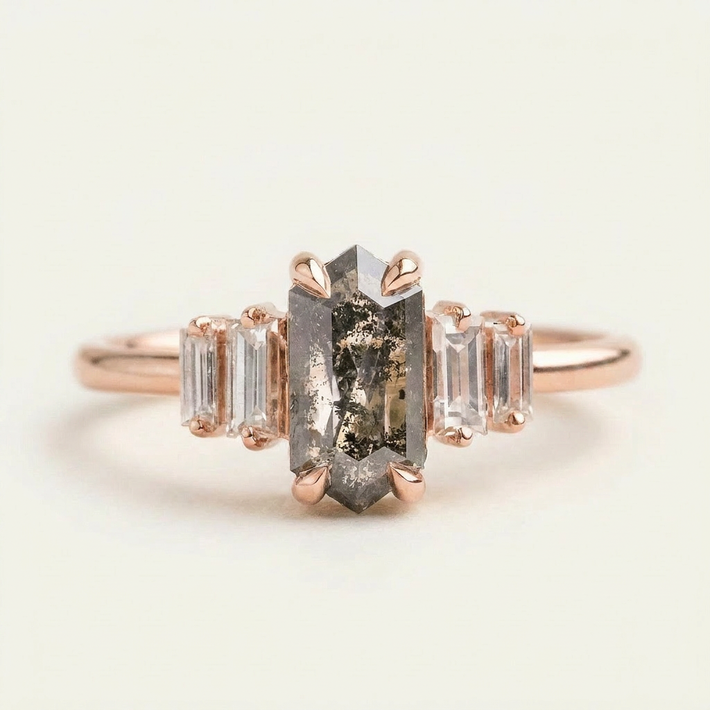 1.80 CT Hexagon & Baguette Cut Salt and Pepper Diamond Cluster Five-Stone Ring