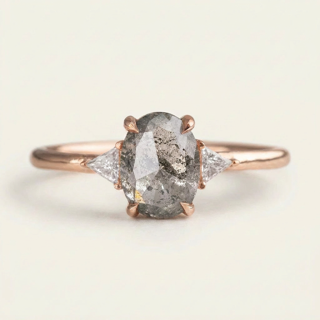 1.50 CT Oval & Triangle Cut Salt and Pepper Diamond Three Stone Ring