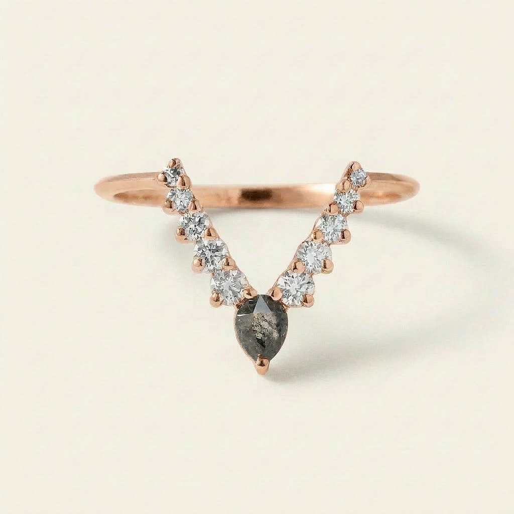 0.48 CT Pear & Round Cut Salt and Pepper Diamond Ring