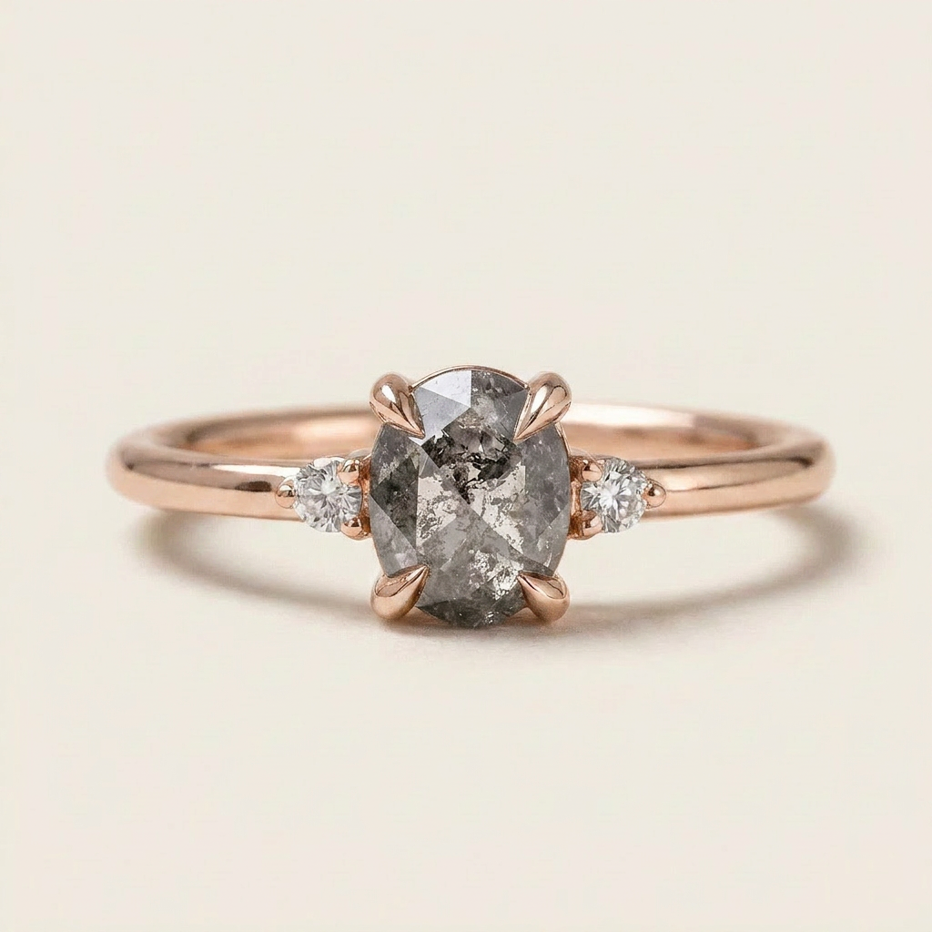 1.45 CT Oval & Round Cut Salt and Pepper Diamond Three Stone Ring