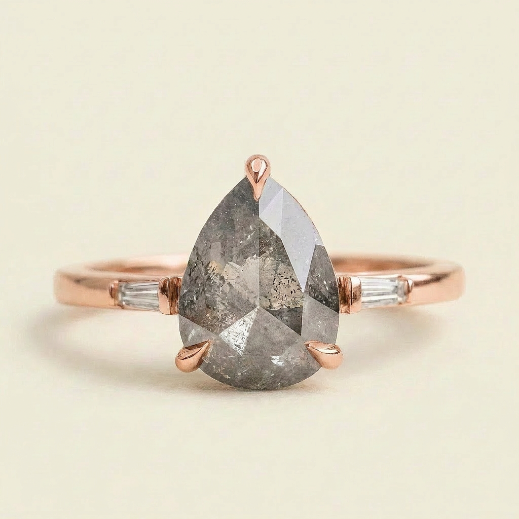1.80 CT Pear & Baguette Cut Salt and Pepper Diamond Three Stone Ring