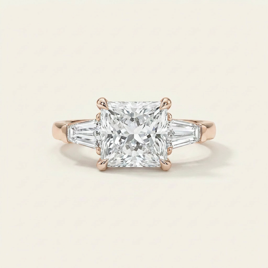 Moissanite 3.70 CT Princess & Tapered Cut Diamond Three Stone Ring