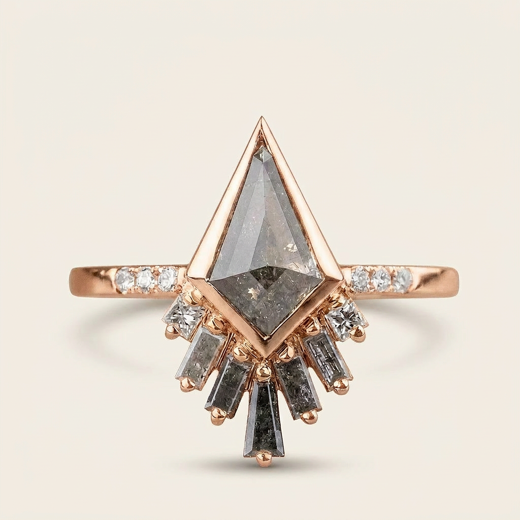 1.55 CT Kite & Round Cut Salt and Pepper Diamond Cluster Ring (V2)