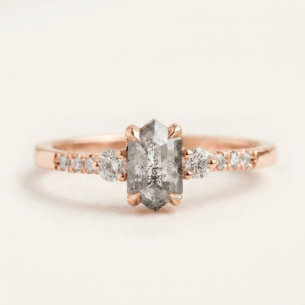 1.55 CT Hexagon & Round Cut Salt and Pepper Diamond Three Stone Ring