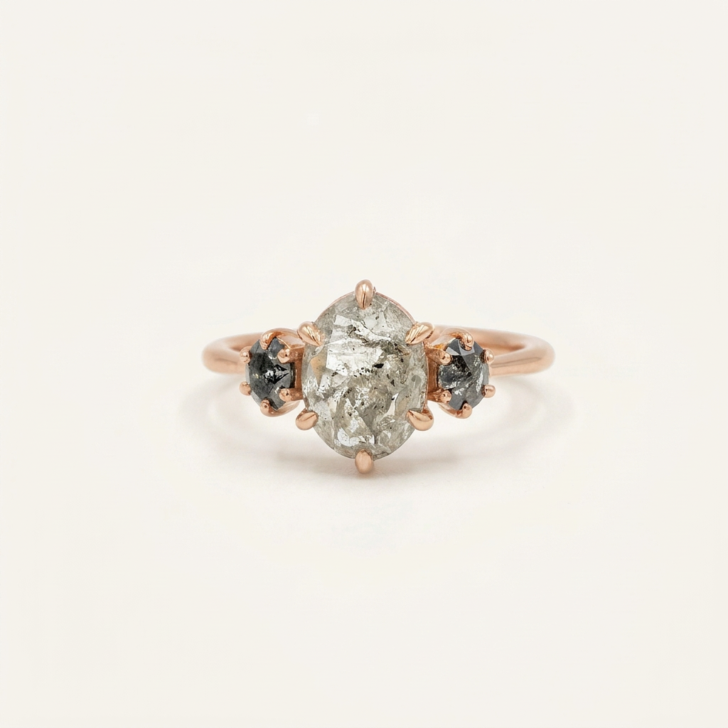 2.00 CT Oval Cut Salt and Pepper Diamond Three Stone Ring
