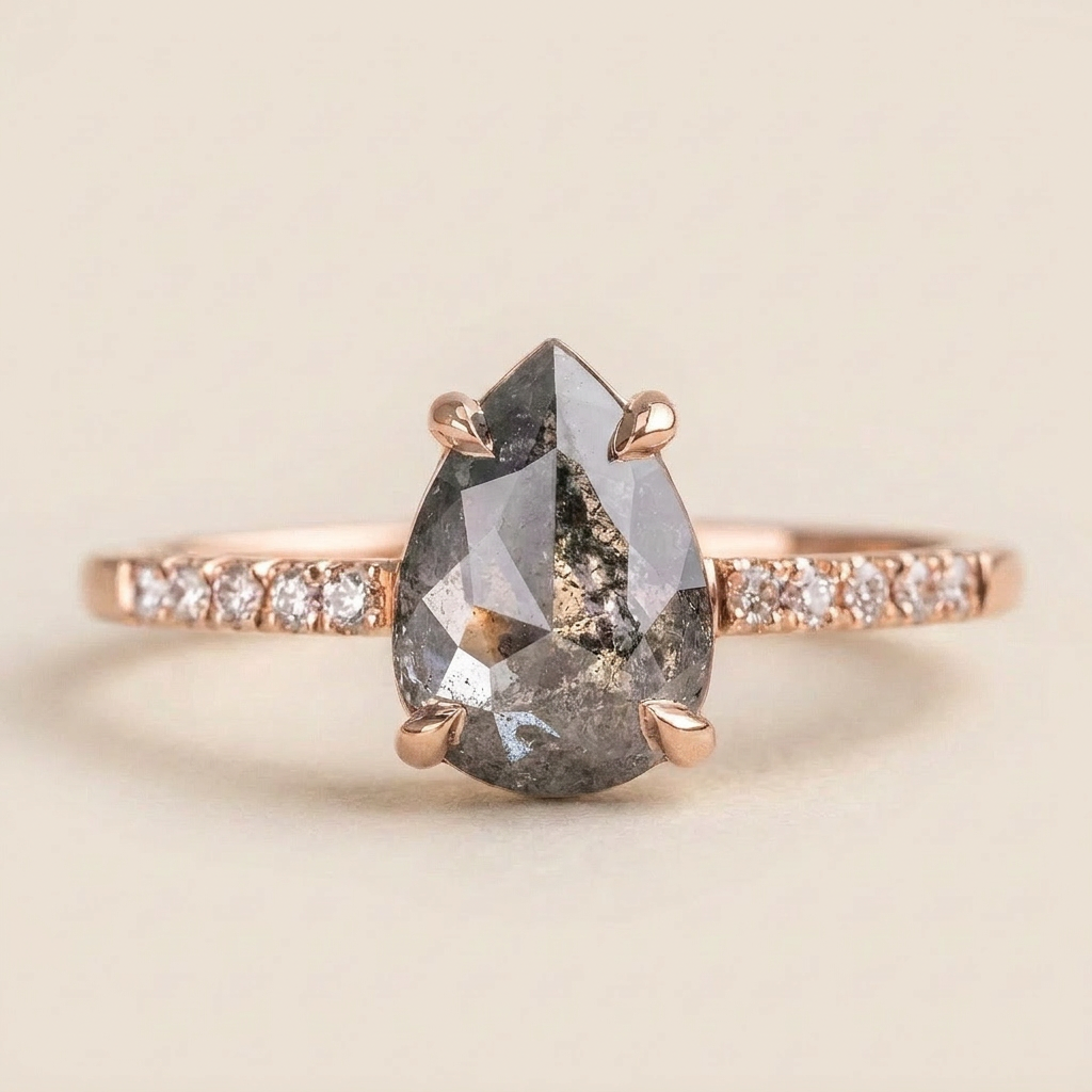 1.60 CT Pear Cut Salt and Pepper Diamond Solitaire Ring