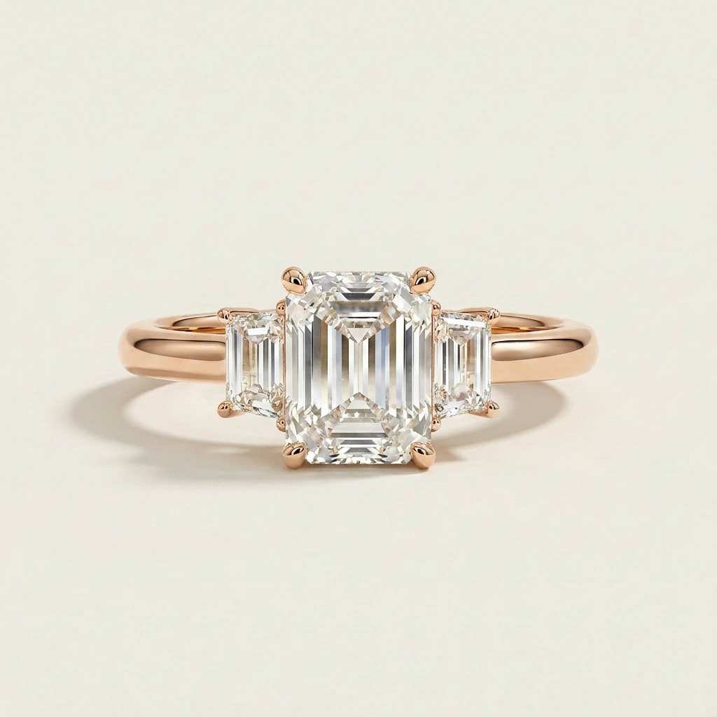 Moissanite 3.00 CT Emerald & Trapezoid Cut Diamond Three Stone Ring