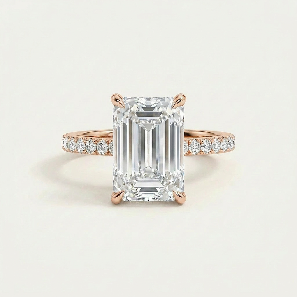 Moissanite 5.10 CT Emerald & Round Cut Diamond Solitaire Ring