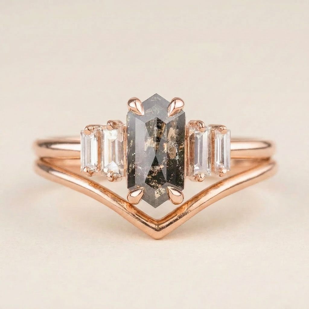 1.80 CT Hexagon & Baguette Cut Salt and Pepper Diamond Cluster Five-Stone Ring
