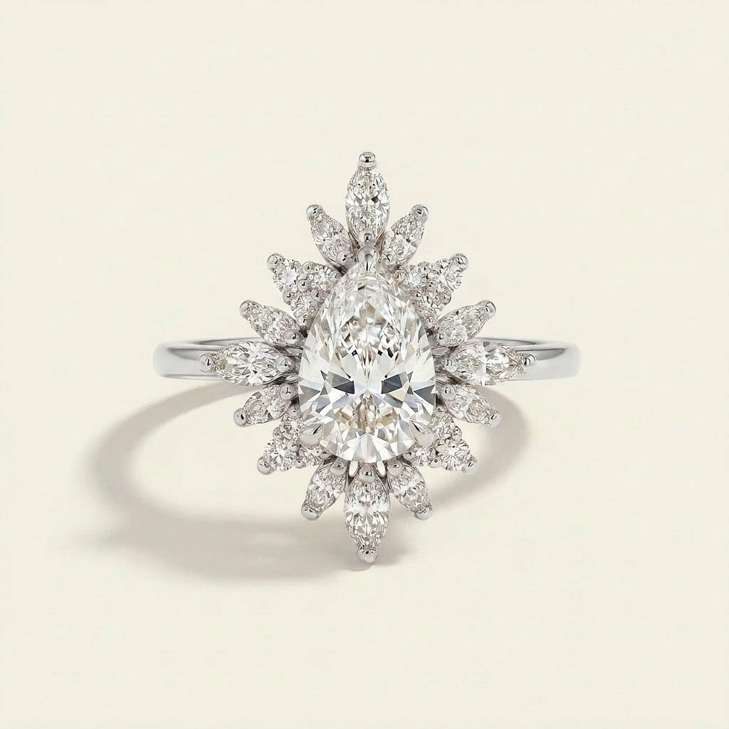 Moissanite 2.25 CT Pear & Round Cut Diamond Cluster Ring