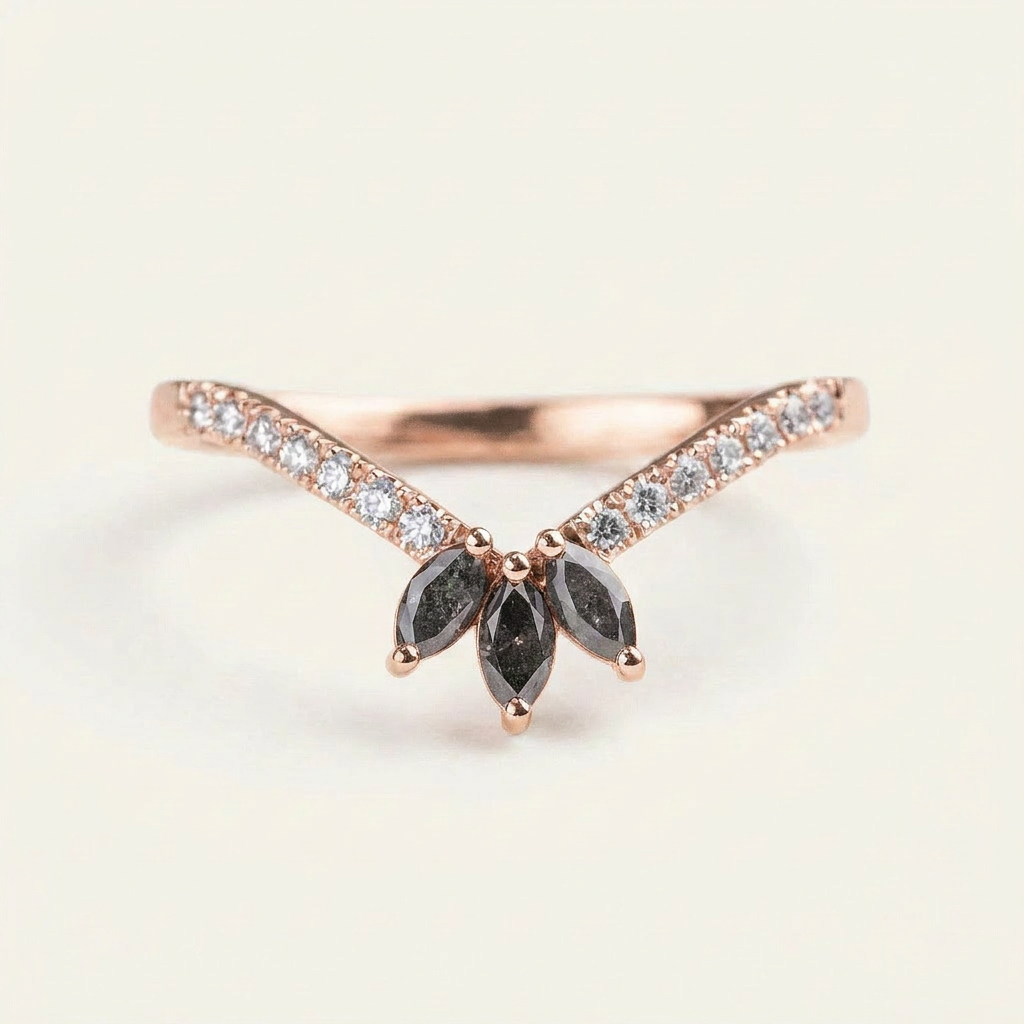0.42 CT Marquise & Round Cut Salt and Pepper Diamond Ring