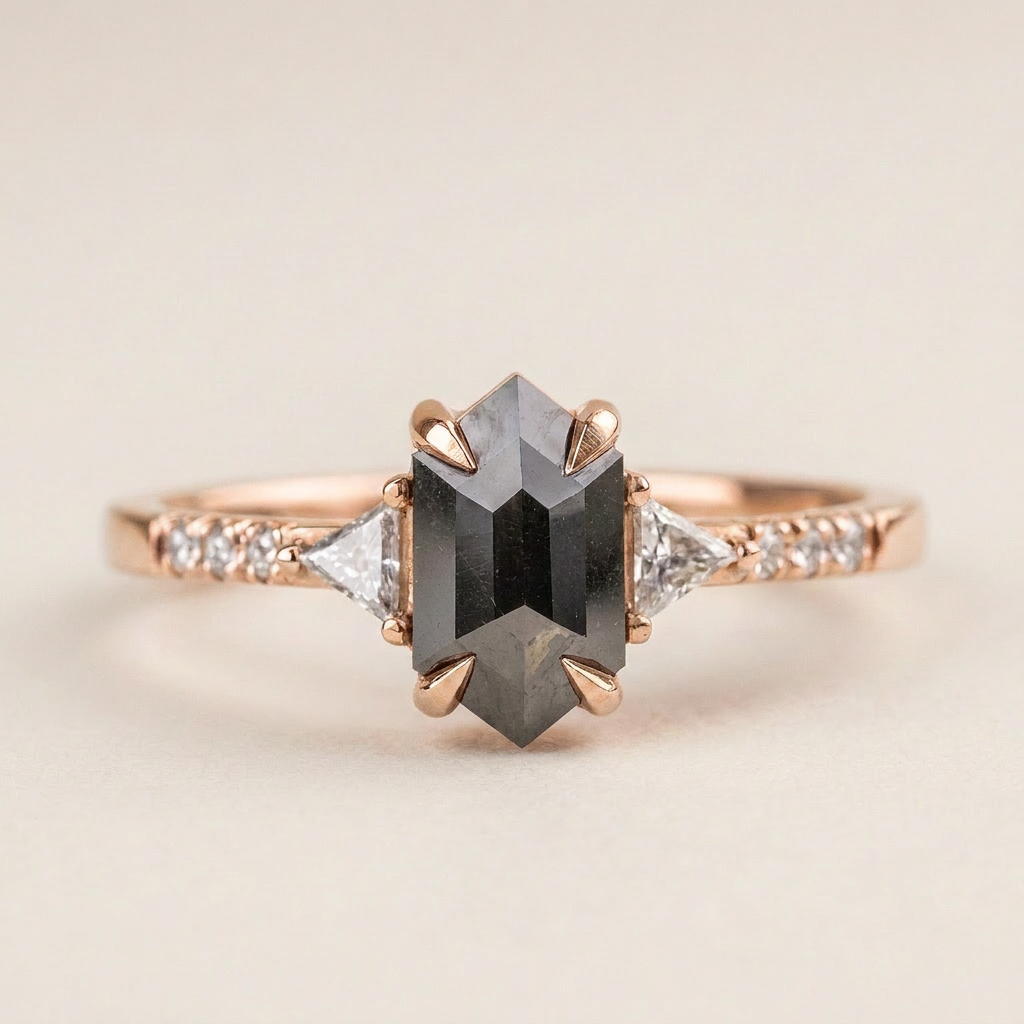 1.70 CT Hexagon & Round Cut Salt and Pepper Diamond Three Stone Ring (V1)
