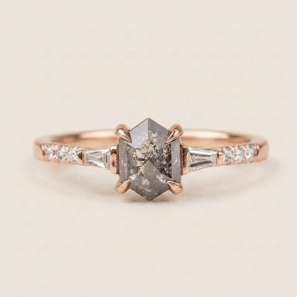 1.45 CT Hexagon & Round Cut Salt and Pepper Diamond Three Stone Ring (V-Artdeco)