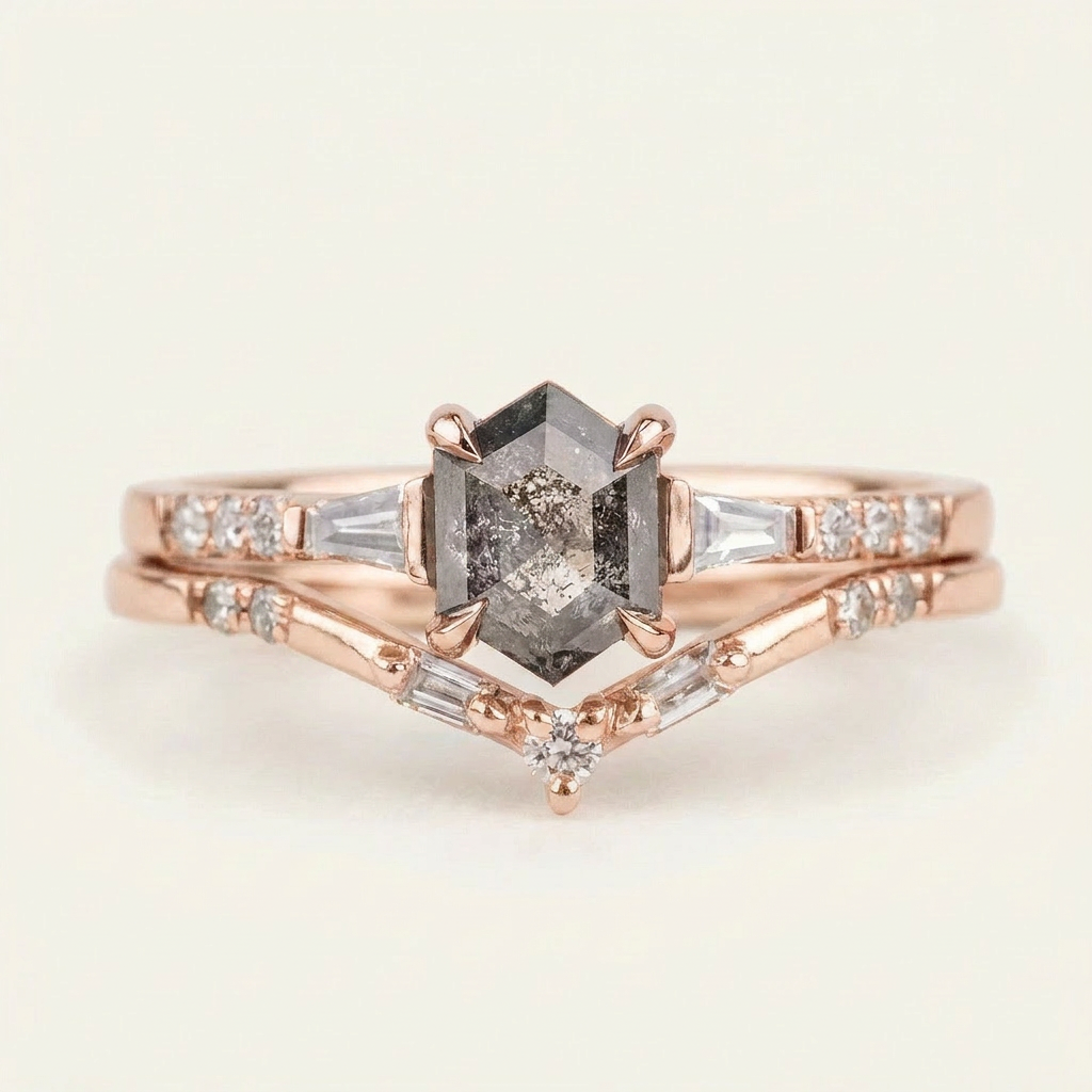 1.45 CT Hexagon & Round Cut Salt and Pepper Diamond Three Stone Ring (V-Artdeco)