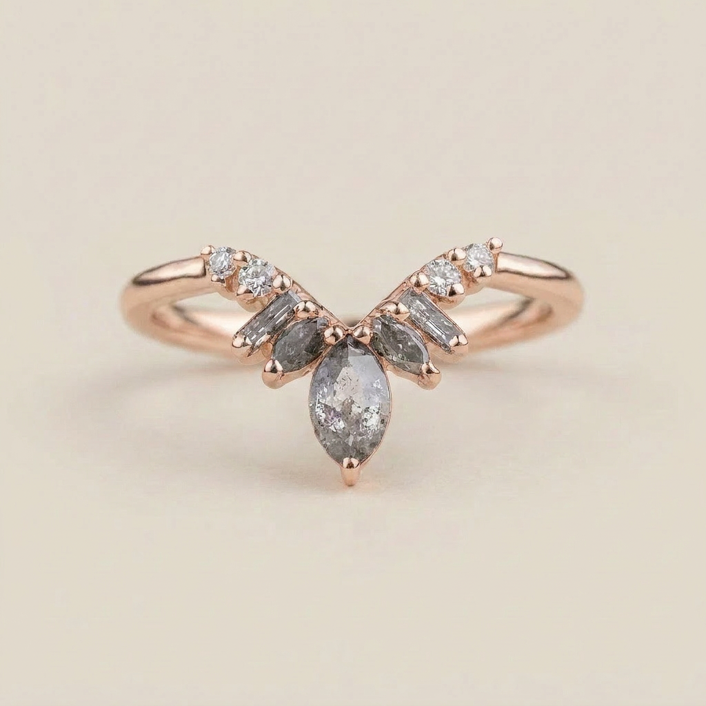 0.32 CT Marquise & Round Cut Salt and Pepper Diamond Ring