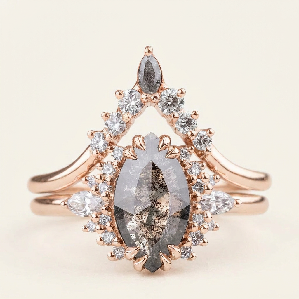 1.95 CT Marquise & Round Cut Salt and Pepper Diamond Cluster Ring