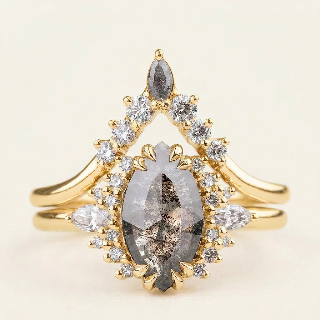 1.95 CT Marquise & Round Cut Salt and Pepper Diamond Cluster Ring