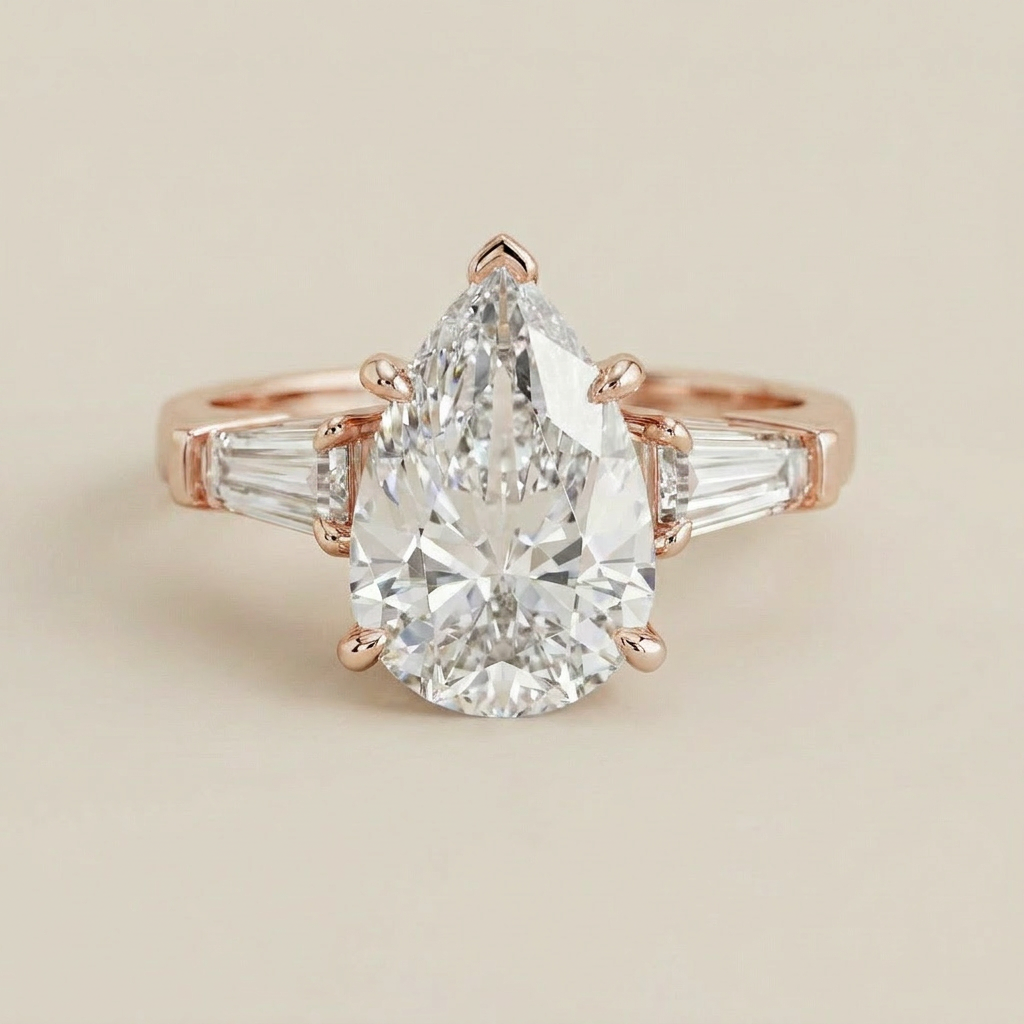 Moissanite 3.95 CT Pear & Tapered Cut Diamond Three Stone Ring
