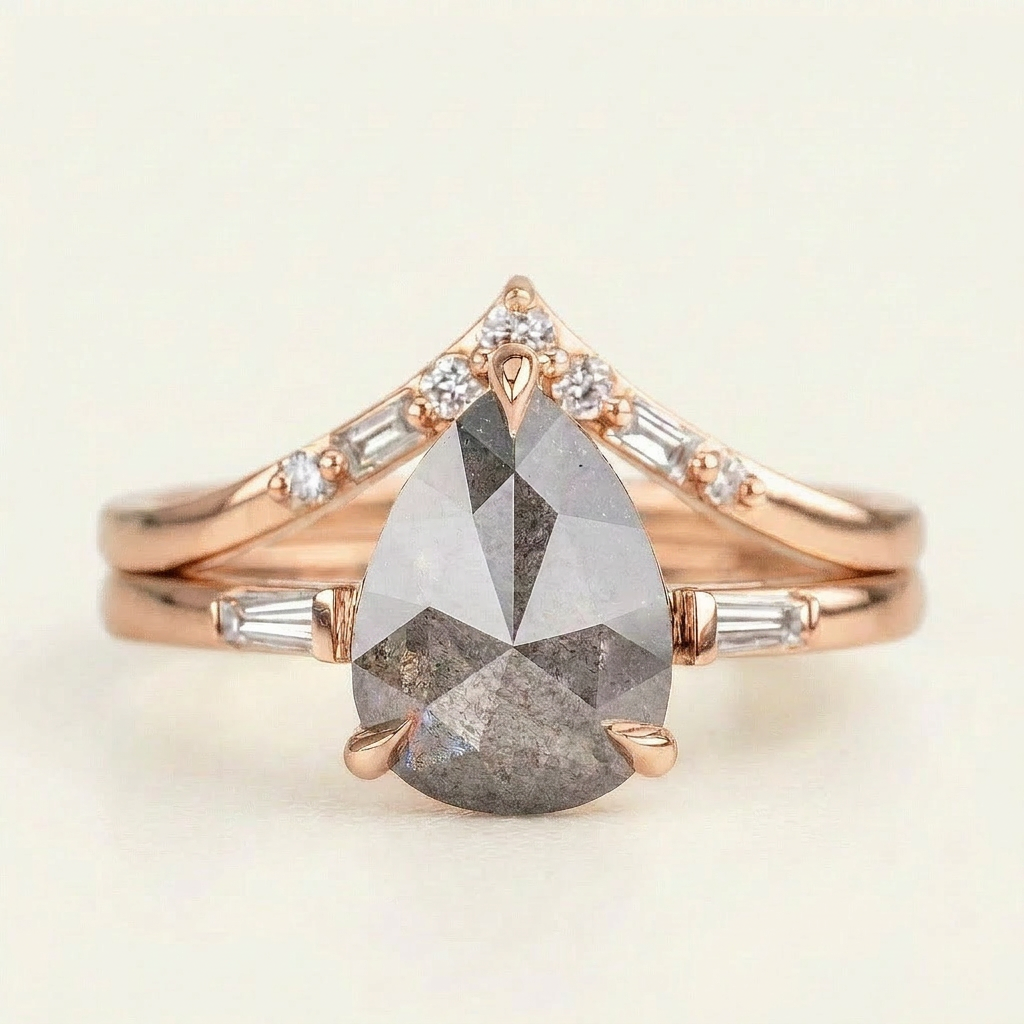 1.80 CT Pear & Baguette Cut Salt and Pepper Diamond Three Stone Ring