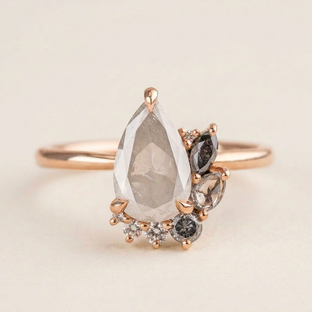 1.70 CT Pear & Round Cut Salt and Pepper Diamond Cluster Ring