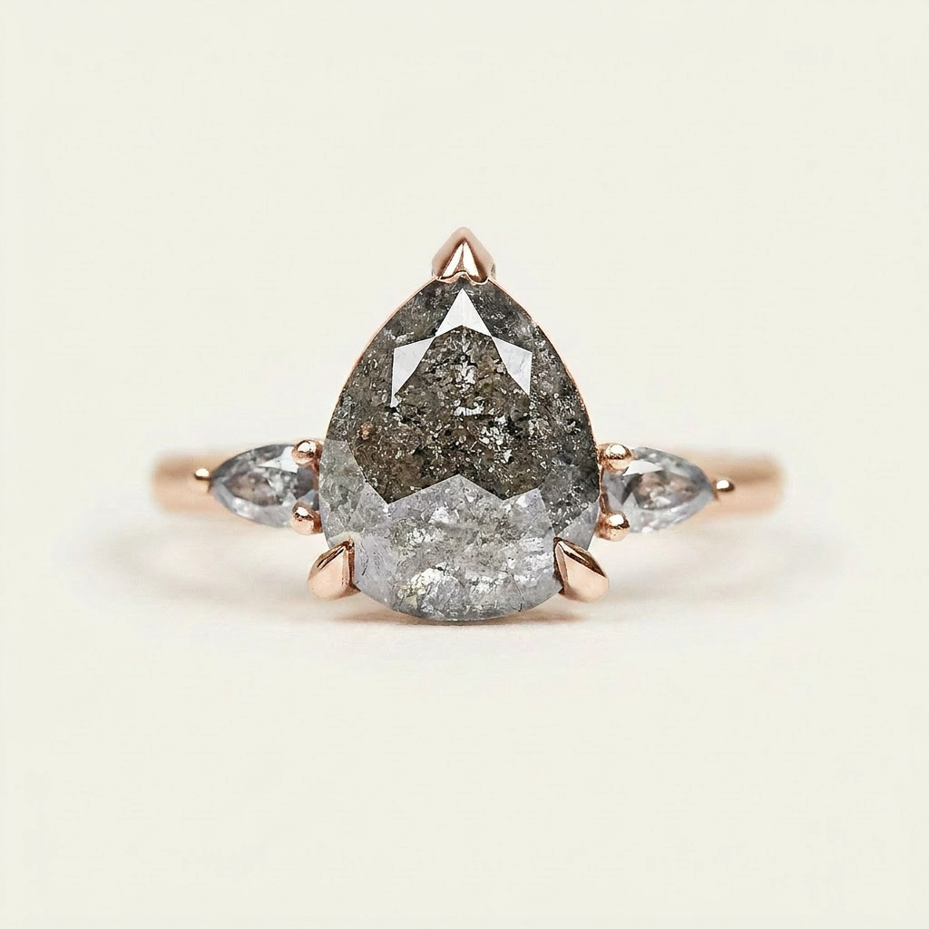 2.18 CT Pear Cut Salt and Pepper Diamond Three Stone Ring