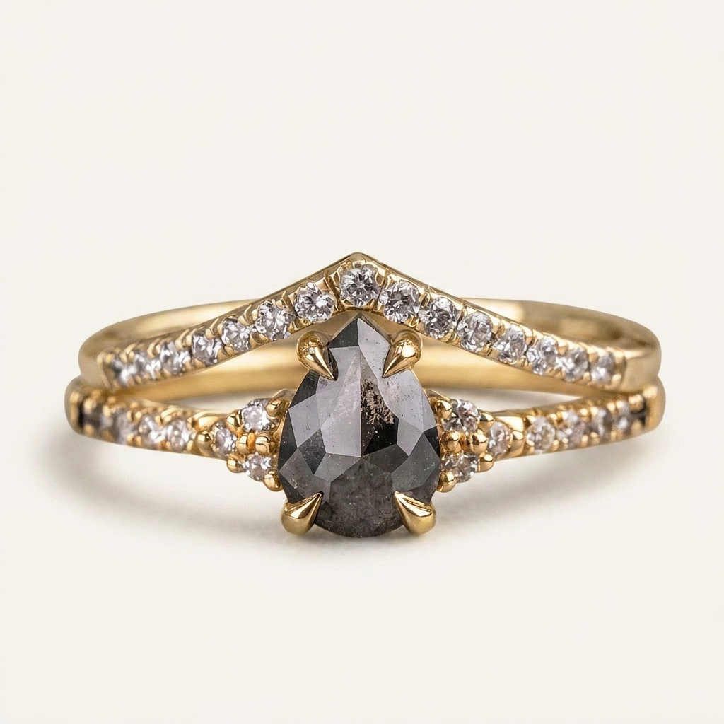 1.70 CT Pear Cut Salt and Pepper Diamond Solitaire Ring (V2)