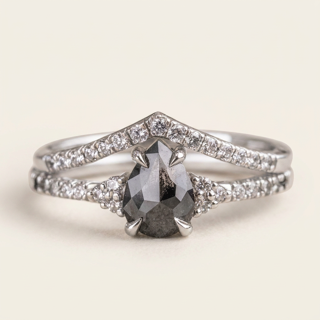 1.70 CT Pear Cut Salt and Pepper Diamond Solitaire Ring (V2)