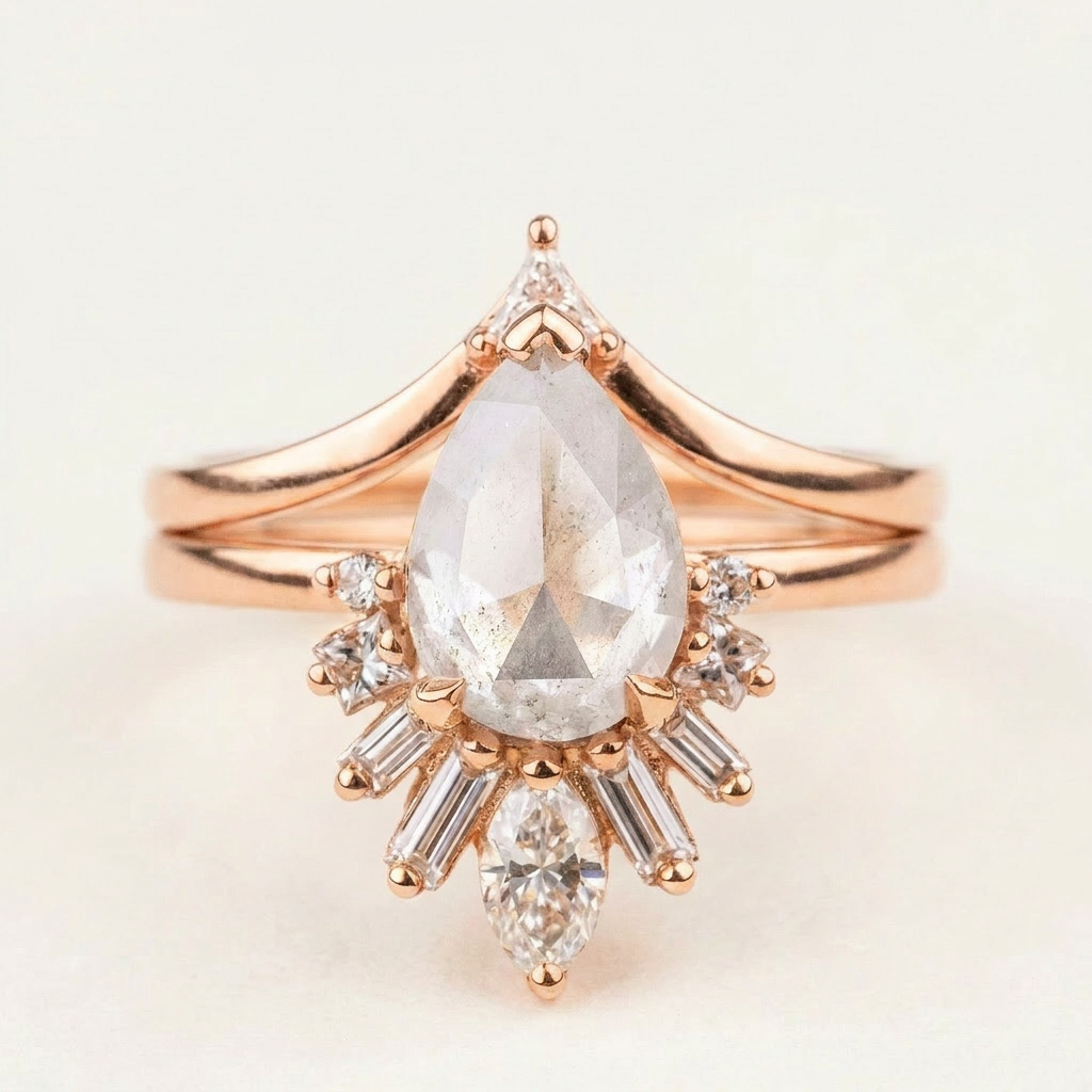 1.60 CT Pear & Round Cut Salt and Pepper Diamond Cluster Ring