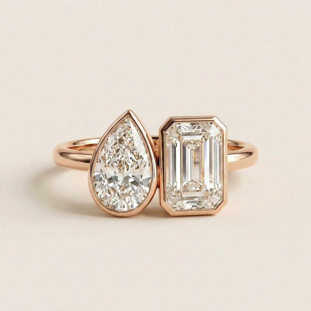 Moissanite 2.00 CT Pear & Emerald Cut Diamond Toi Et Moi Ring