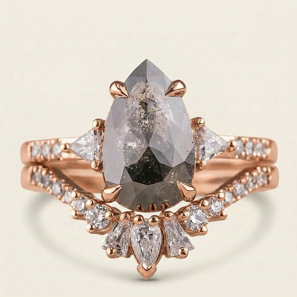 2.20 CT Pear & Triangle Cut Salt and Pepper Diamond Three Stone Ring