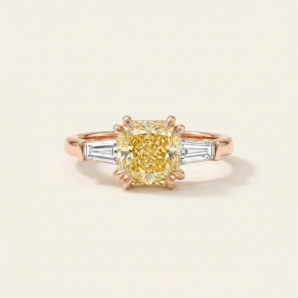 Moissanite 1.00 CT Cushion & Tapered Baguette Cut Diamond Three Stone Ring