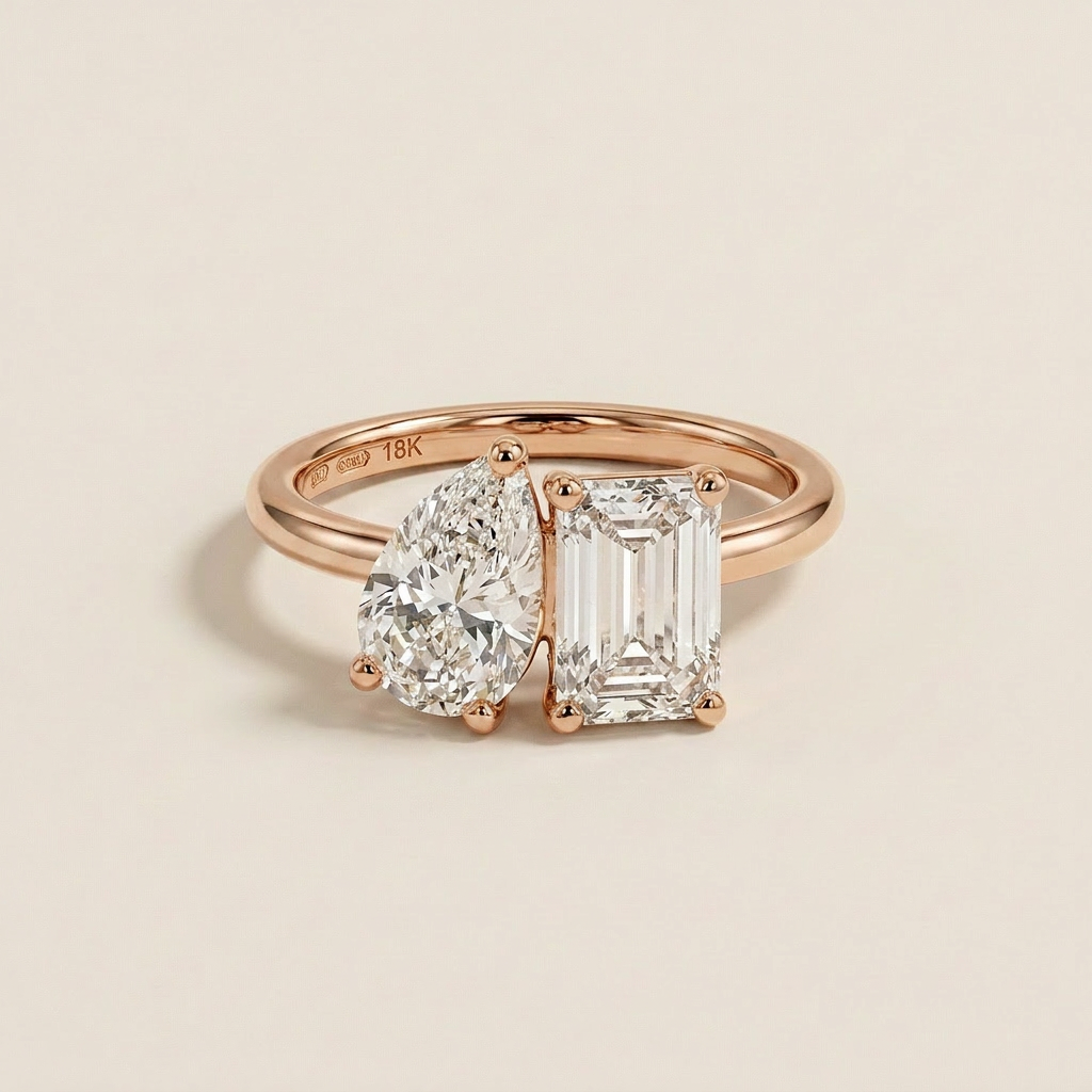 Lab Grown 2.50 CT Emerald & Pear Cut Diamond Toi Et Moi Ring