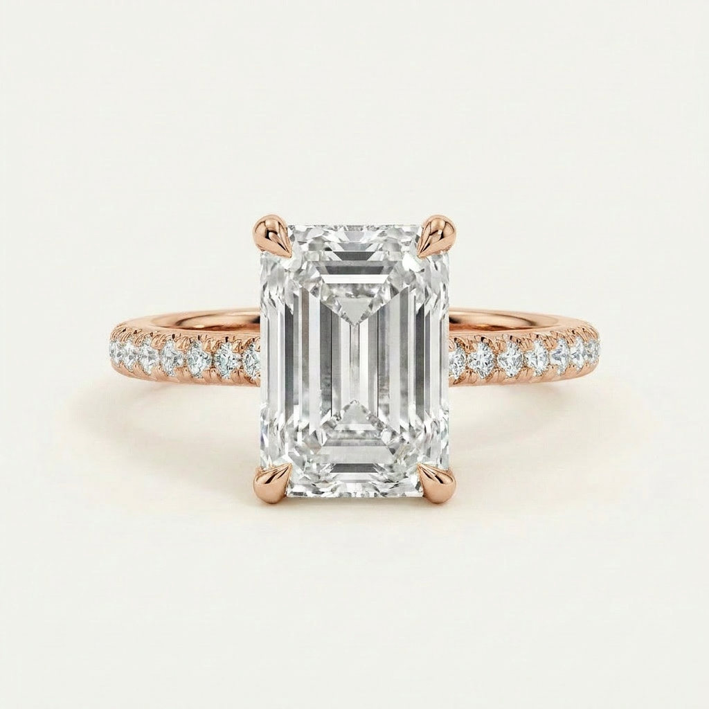Moissanite 3.63 CT Emerald & Round Cut Diamond Solitaire Ring
